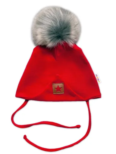 Baby Nellys Zimní,podzimní bavlněná dvouvrstvá čepice s bambulí Star, červená