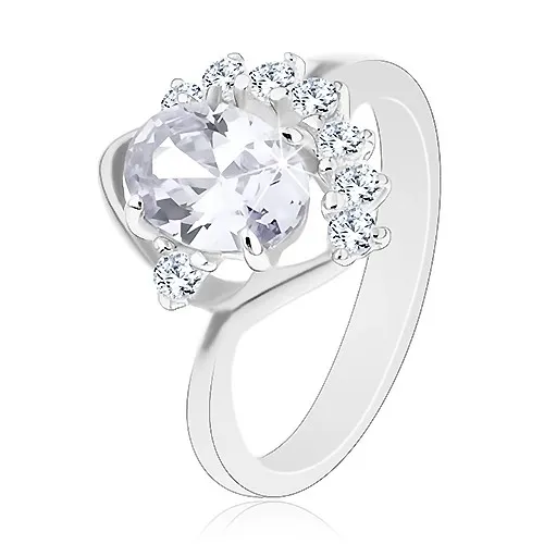 Blýskavý prsten se zahnutým ramenem, čiré oválné a kulaté zirkony, oblouček - Velikost: 62