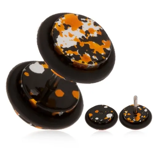 Akrylový falešný plug do ucha - skvrny černé, oranžové a stříbrné barvy