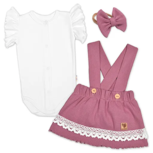 Baby Nellys 3D sada LADY, body kr. rukáv, suknička s láclem, čelenka, šeříková/bílá, 62