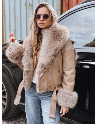Dámská bunda typu ramoneska s kožešinou, béžová