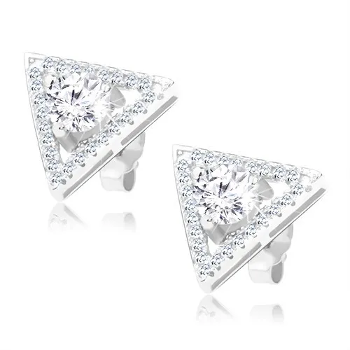 Stříbrné náušnice 925 - zirkonová kontura trojúhelníku, čirý zirkon uprostřed