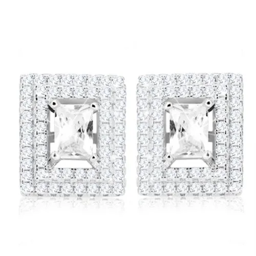 Stříbrné náušnice 925, obdélníkový broušený zirkon, dvojitý zirkonový lem