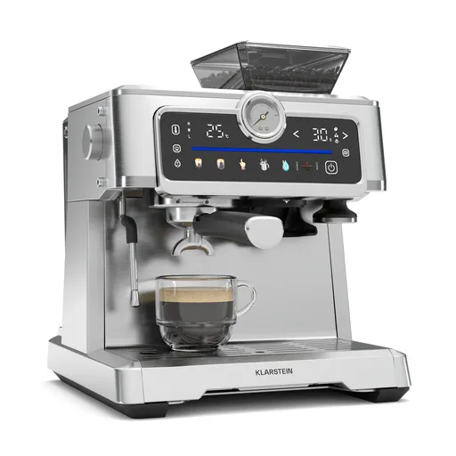 Klarstein Kávovar GrandPresso Touch, 20 barů, integrovaný mlýnek, indikátor tlaku, mléčná pěna