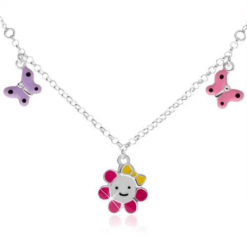 Dětský náhrdelník ze stříbra 925, kvítek a dva motýlci