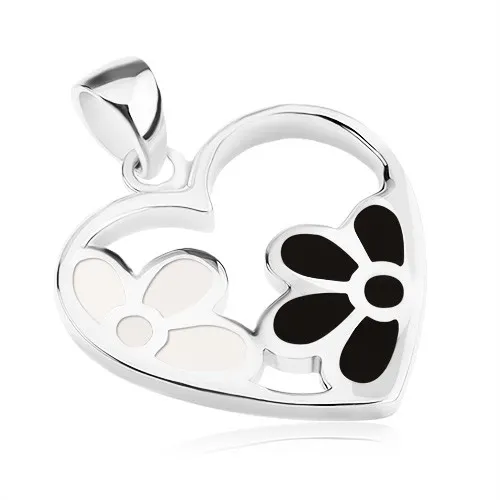Přívěsek - stříbro 925, kontura srdce s květy, bílá perleť a černá glazura