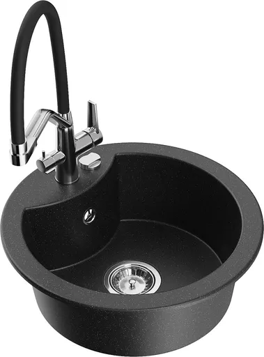 MEXEN/S Diego granitový dřez 1-miska včetně baterie Duo, černá/stříbrná metalik 6512-73-671701-07