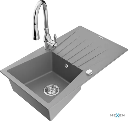 MEXEN/S Cesar granitový dřez 1 s odkapávačem včetně baterie Savita, šedá 6514-71-672601-00