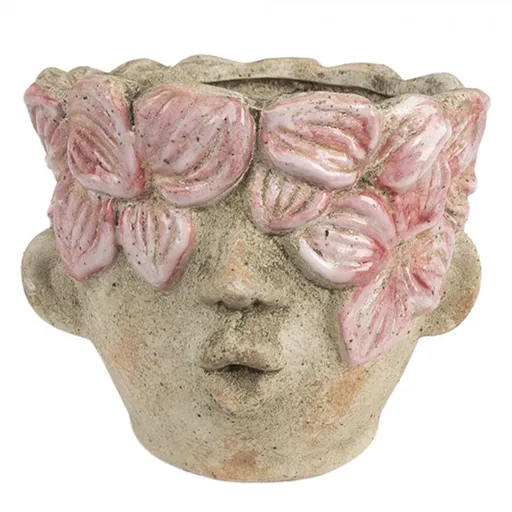 Béžový antik obal na květináč hlava ženy s květy Danaé - Ø 18*15 cm Clayre & Eef