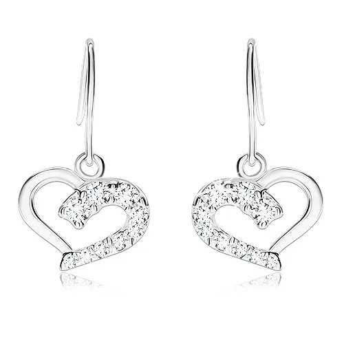 Stříbrné 925 náušnice, srdcovitá kontura s čirou zirkonovou polovinou