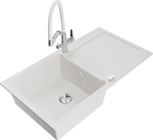 MEXEN/S Leo granitový dřez 1-miska s odkapávačem včetně baterie Duo, bílá 6501-20-671701-02