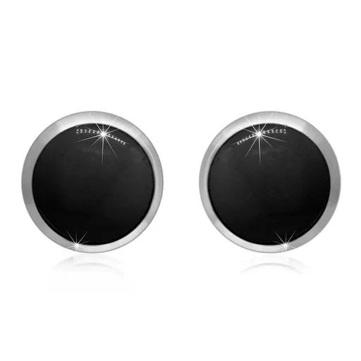 Stříbrné náušnice 925 - černá glazura v kulaté objímce, puzetky