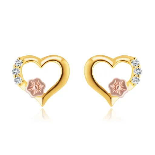 Náušnice ze 14K zlata - obrys srdce, kulaté čiré zirkony, ozdobný kvítek v růžovém zlatě