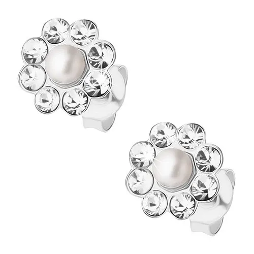 Stříbrné 925 náušnice, kvítek s perličkou a čirými krystalky Preciosa