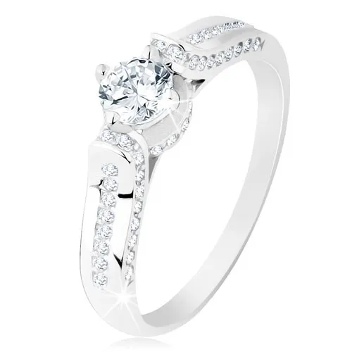 Stříbrný prsten 925, čirá zirkonová linie, kulatý zirkonek v ozdobném kotlíku - Velikost: 51