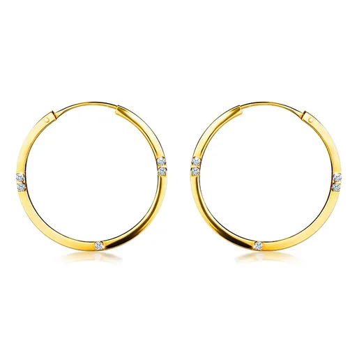 Náušnice ze 14K žlutého zlata - kruhy, hranatá ramena, čiré zirkony, 19 mm