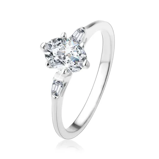 Stříbrný prsten 925, oválný čirý zirkon, malé zirkonové lichoběžníky - Velikost: 53