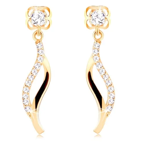 Visací zlaté náušnice 14K se zirkonem a dvojitou vlnkou