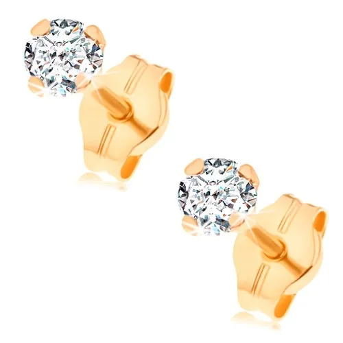 Náušnice ze žlutého 14K zlata - čirý kulatý zirkon v kotlíku, 3 mm