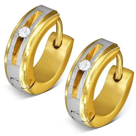 Ocelové náušnice zlaté barvy - kruhy, saténový pás, kulatý čirý zirkon