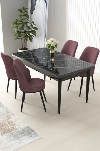 Dining Table & Chairs Set (5 Pieces) Nil - Black Marble, Dusty Rose