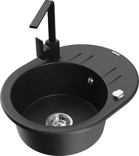 MEXEN/S Kevin granitový dřez s odkapávačem včetně baterie Rita, černá/stříbrná metalik 6517-73-670300-70