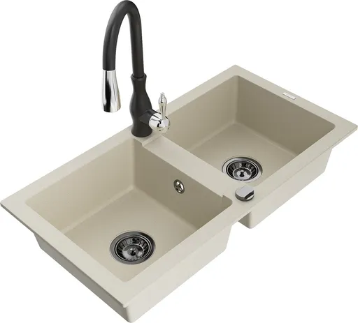 MEXEN/S Mario granitový dřez 2-bowly včetně baterie Savita, béžová 6504-69-672601-70