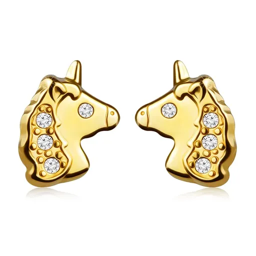 Náušnice ze žlutého zlata 585 - jednorožec s drobnými zirkony, puzetky