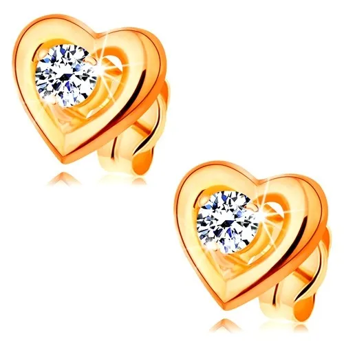 Zlaté náušnice 585 - obrys souměrného srdíčka, vyvýšený čirý zirkon uprostřed