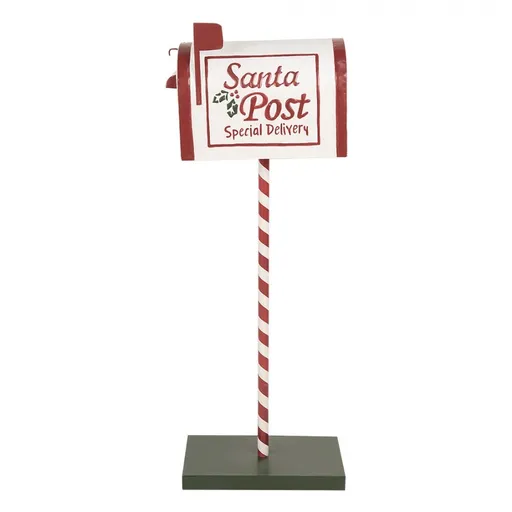 Bílo-červená kovová dekorace schránka na podstavci Santa Post - 19*33*92 cm 5Y1264