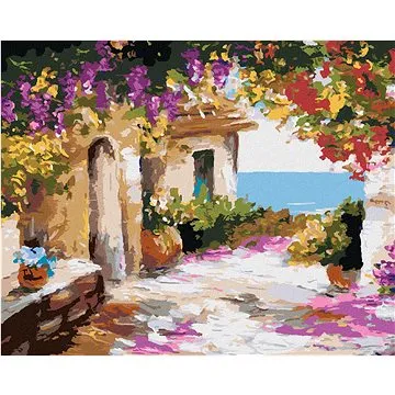 Diamondi - Diamantové malování - DŮM U MOŘE S KVĚTINAMI, 40x50 cm, Vypnuté plátno na rám (605054B)