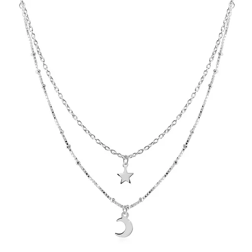 Stříbrný 925 náhrdelník - dvojitý řetízek, přívěsky hvězdička a půlměsíček