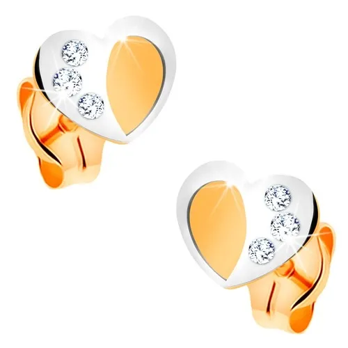 Zlaté 14K náušnice - dvoubarevné srdíčko s matným povrchem a lesklou konturou