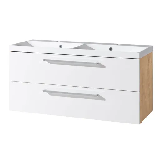 Mereo Bino, koupelnová skříňka s umyvadlem z litého mramoru 121 cm, bílá/dub CN673M