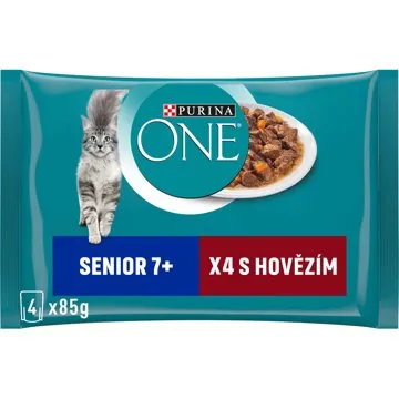 Purina ONE Senior 7+ minifiletky s hovězím a mrkví ve šťávě 4 × 85 g (7613287367259)