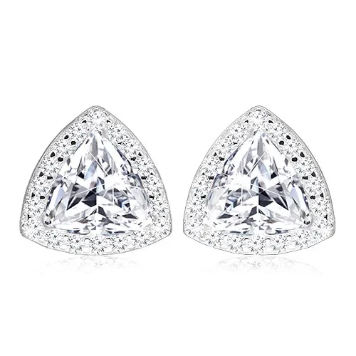 Stříbrné 925 náušnice - blýskavý zirkon zdobený trojúhelníkovým lemem