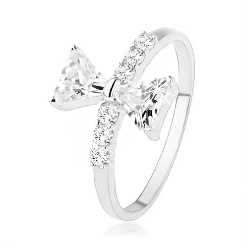 Stříbrný prsten 925, mašle ze zirkonů, drobné zirkony na ramenech - Velikost: 59