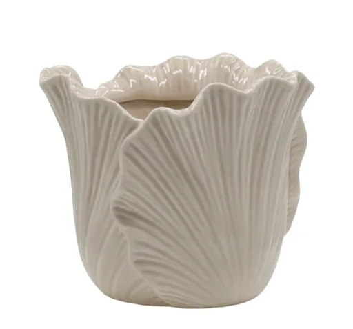 Béžový obal na květináč se vzorem listů Fayence - Ø 16*13 cm Chic Antique