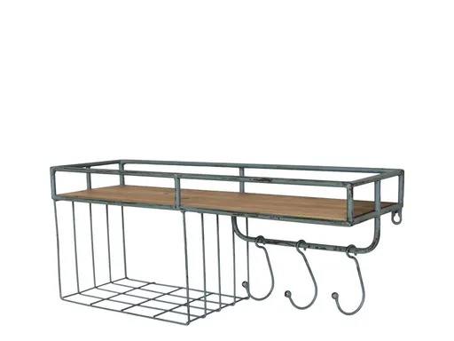 Opálová antik kovová nástěnná polička s háčky Old Shelf - 58*18*24 cm Chic Antique