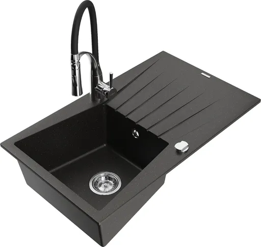 MEXEN/S Cesar granitový dřez s odkapávačem včetně baterie Aster, černá/zlatá metalik 6514-75-73450-07