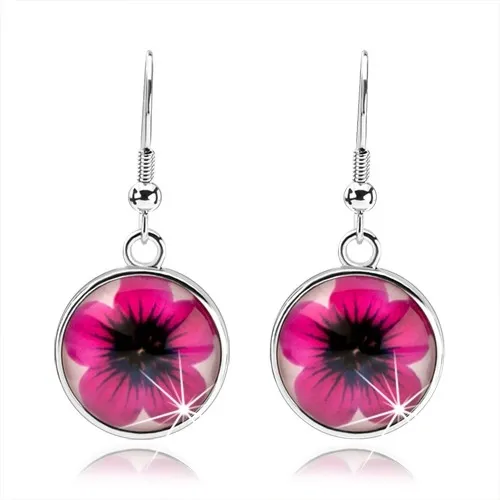 Náušnice cabochon, vypouklé sklo, růžový kvítek na bílém podkladu