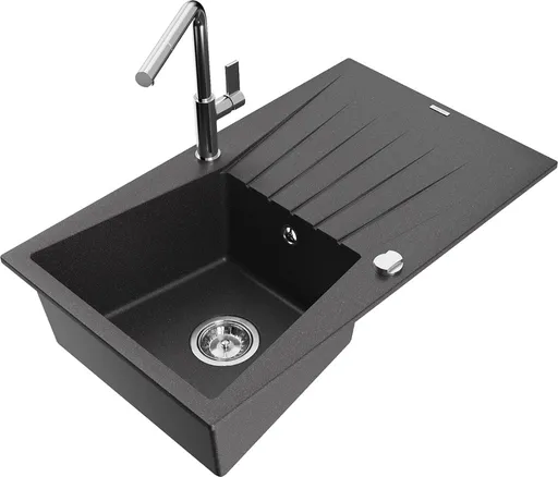 MEXEN/S Cesar granitový dřez 1-miska s odkapávačem včetně baterie Flora, černá kropenatá 6514-76-670401-00