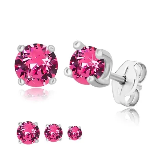 Stříbrné náušnice 925 - kulatý zirkon růžové barvy ve čtvercovém kotlíku - Velikost zirkonu: 4 mm