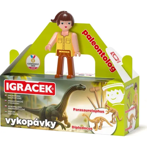 Igráček Paleontoložka - figurka s vykopávkami dinosaurů Parasaurolophuse a Diplodocuse