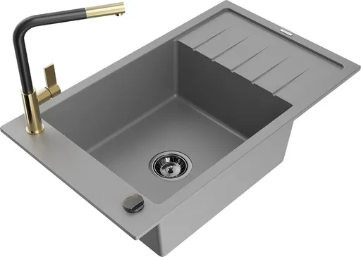 MEXEN/S Elias granitový dřez 1 s odkapávačem včetně baterie Flora, šedá 6511-71-670401-57-B