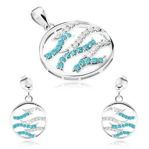 Stříbrný set 925, náušnice a přívěsek, kruh, čiré a modré zirkonové vlnky