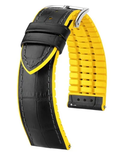 Řemínek Hirsch Andy - černo-žlutý - 20 mm - L – Standardní délka (doporučujeme) - 18 mm - Stříbrná