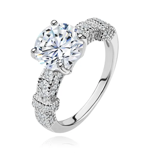 Zásnubní prsten, stříbro 925, zdobená ramena, velký kulatý zirkon čiré barvy - Velikost: 47