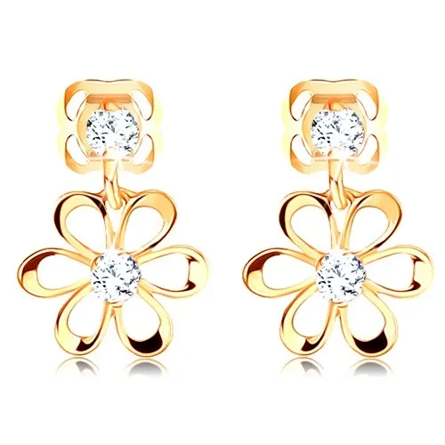 Diamantové náušnice ve žlutém 14K zlatě - kvítek s oblými lupínky, čiré brilianty