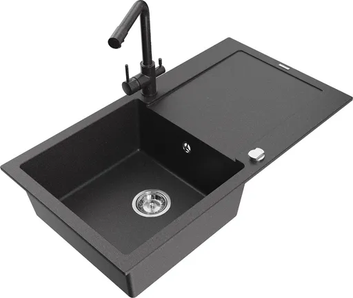 MEXEN/S Leo granitový dřez s odkapávačem včetně baterie Duero, černá kropenatá 6501-76-671600-76